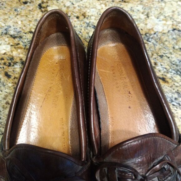 Johnston & Murphy Mens 7.5 M Brown Italian Leather Tassle Weave Loafers Shoes - Picture 10 of 12